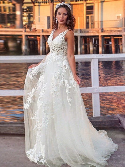 NumberSea - A - Line/Princess Tulle Sleeveless Applique V - neck Sweep/Brush Train Wedding Dresses