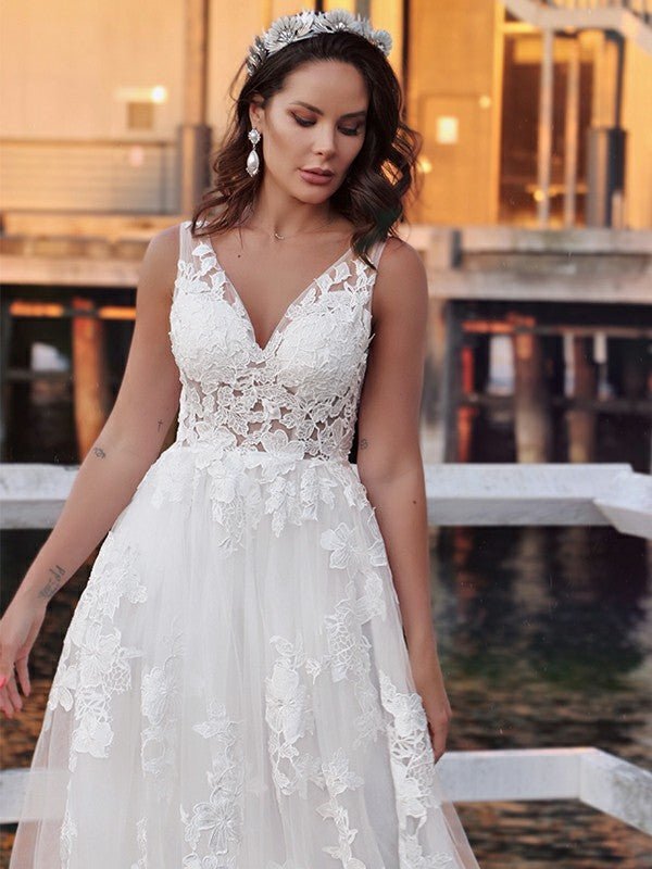 NumberSea - A - Line/Princess Tulle Sleeveless Applique V - neck Sweep/Brush Train Wedding Dresses