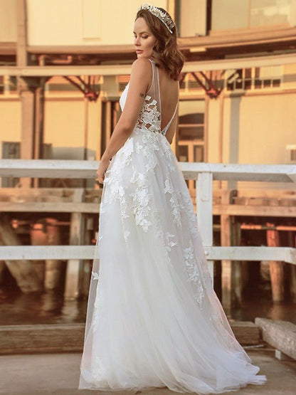 NumberSea - A - Line/Princess Tulle Sleeveless Applique V - neck Sweep/Brush Train Wedding Dresses