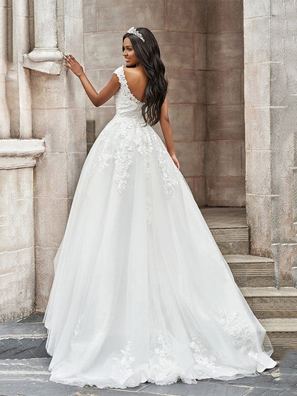 NumberSea - A - Line/Princess Tulle V - neck Applique Sleeveless Sweep/Brush Train Wedding Dresses