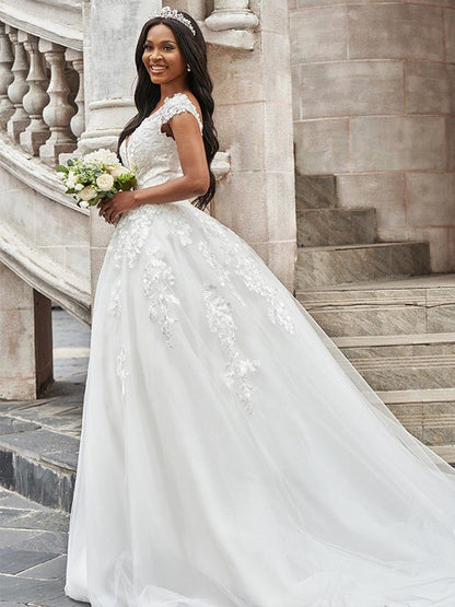 NumberSea - A - Line/Princess Tulle V - neck Applique Sleeveless Sweep/Brush Train Wedding Dresses