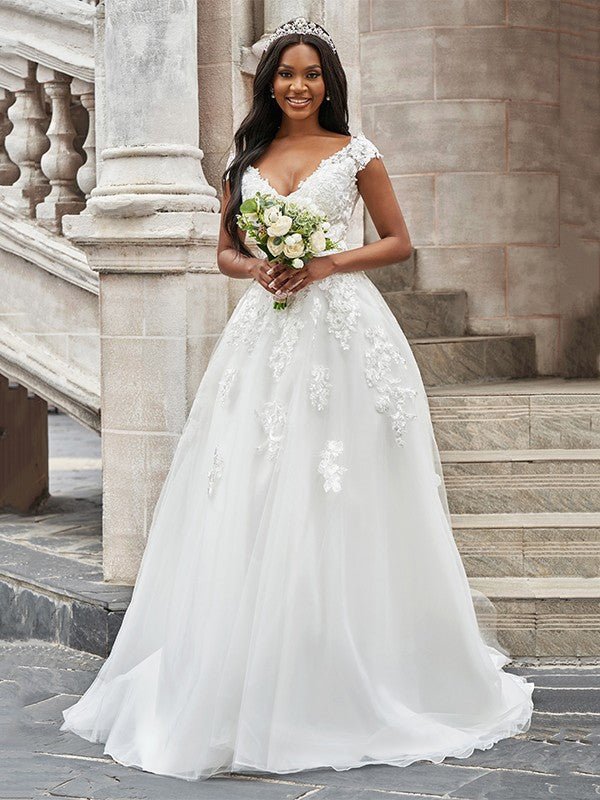 NumberSea - A - Line/Princess Tulle V - neck Applique Sleeveless Sweep/Brush Train Wedding Dresses