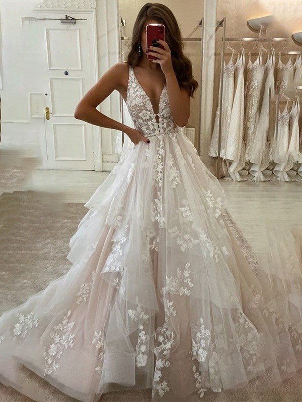 NumberSea - A - Line/Princess Tulle V - neck Sleeveless Applique Floor - Length Wedding Dresses