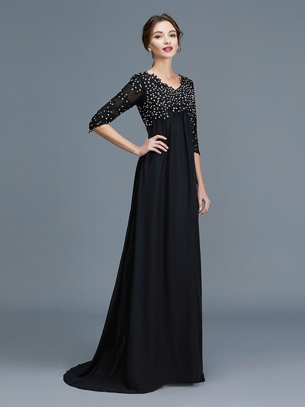 NumberSea - A - Line/Princess V - neck 1/2 Sleeves Beading Chiffon Floor - Length Mother of the Bride Dresses