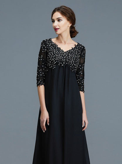 NumberSea - A - Line/Princess V - neck 1/2 Sleeves Beading Chiffon Floor - Length Mother of the Bride Dresses