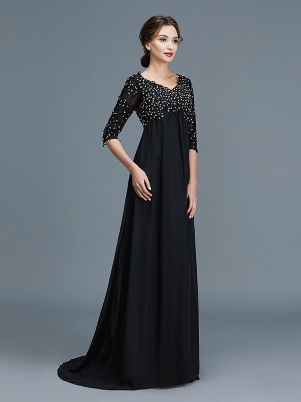 NumberSea - A - Line/Princess V - neck 1/2 Sleeves Beading Chiffon Floor - Length Mother of the Bride Dresses