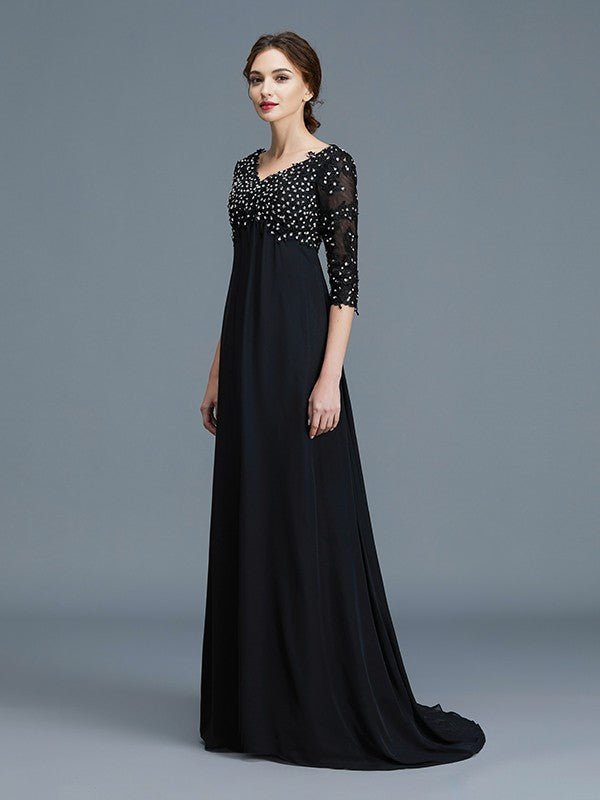 NumberSea - A - Line/Princess V - neck 1/2 Sleeves Beading Chiffon Floor - Length Mother of the Bride Dresses