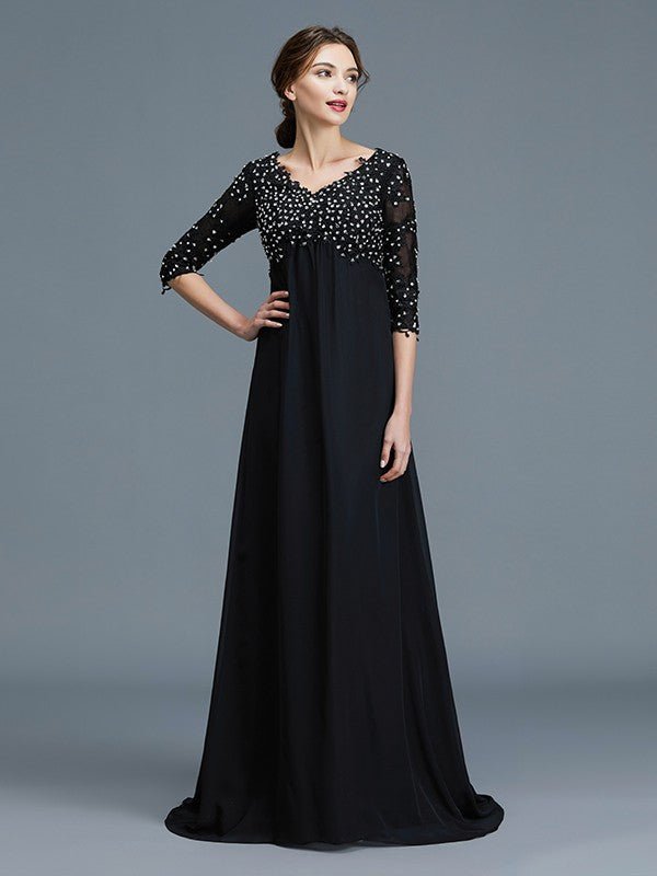 NumberSea - A - Line/Princess V - neck 1/2 Sleeves Beading Chiffon Floor - Length Mother of the Bride Dresses