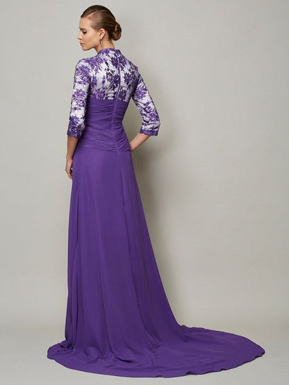 NumberSea - A - Line/Princess V - neck 1/2 Sleeves Beading Long Chiffon Dresses