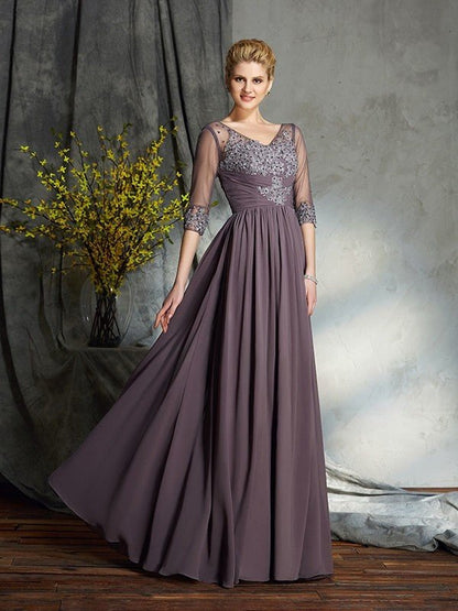 NumberSea - A - Line/Princess V - neck 1/2 Sleeves Long Chiffon Mother of the Bride Dresses