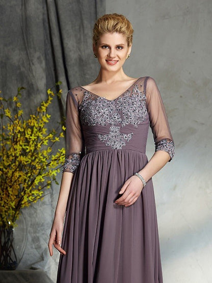 NumberSea - A - Line/Princess V - neck 1/2 Sleeves Long Chiffon Mother of the Bride Dresses