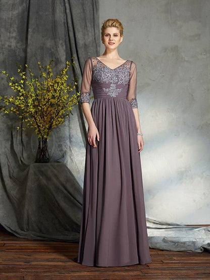 NumberSea - A - Line/Princess V - neck 1/2 Sleeves Long Chiffon Mother of the Bride Dresses