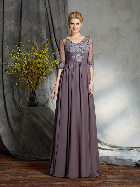 NumberSea - A - Line/Princess V - neck 1/2 Sleeves Long Chiffon Mother of the Bride Dresses