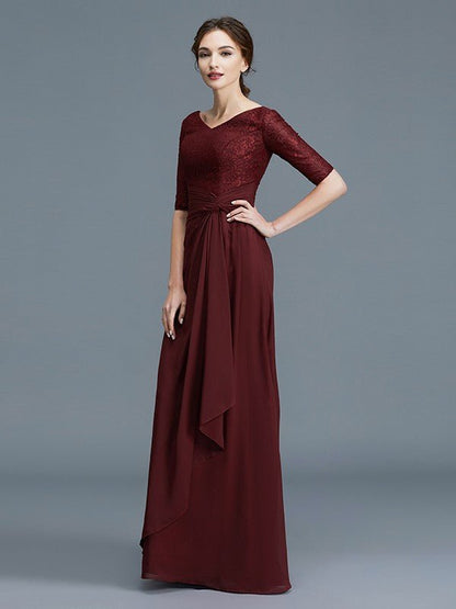 NumberSea - A - Line/Princess V - neck 1/2 Sleeves Ruffles Chiffon Floor - Length Mother of the Bride Dresses