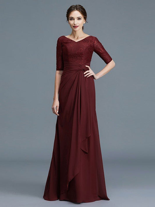 NumberSea - A - Line/Princess V - neck 1/2 Sleeves Ruffles Chiffon Floor - Length Mother of the Bride Dresses