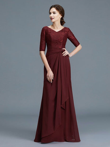 NumberSea - A - Line/Princess V - neck 1/2 Sleeves Ruffles Chiffon Floor - Length Mother of the Bride Dresses