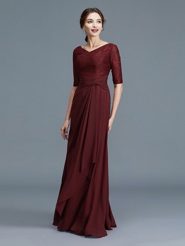 NumberSea - A - Line/Princess V - neck 1/2 Sleeves Ruffles Chiffon Floor - Length Mother of the Bride Dresses