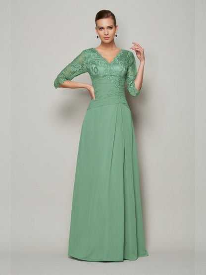 NumberSea - A - Line/Princess V - neck 3/4 Sleeves Lace Long Chiffon Mother of the Bride Dresses