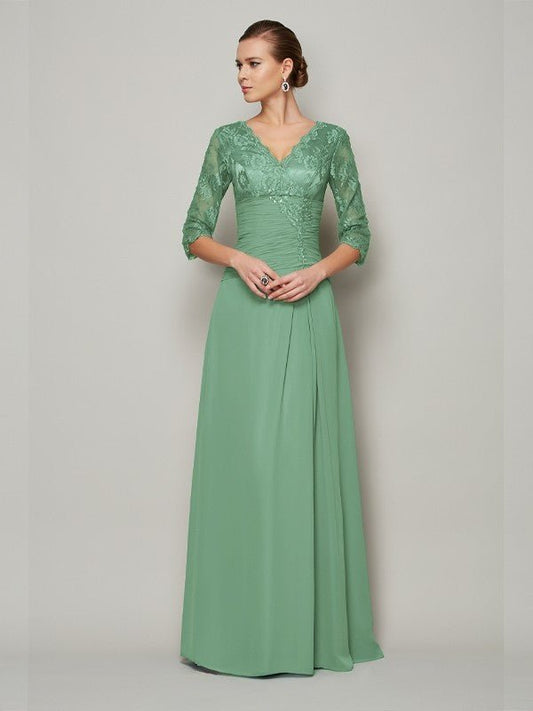 NumberSea - A - Line/Princess V - neck 3/4 Sleeves Lace Long Chiffon Mother of the Bride Dresses