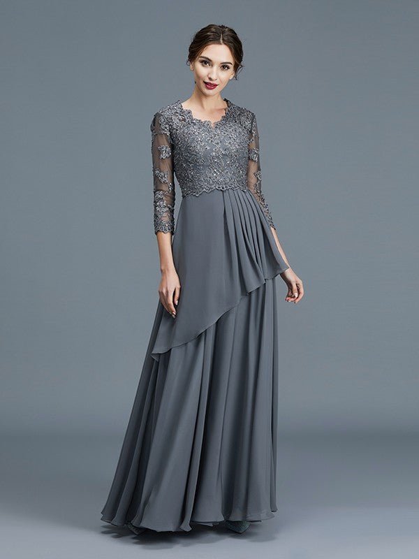 NumberSea - A - Line/Princess V - neck 3/4 Sleeves Ruffles Chiffon Floor - Length Mother of the Bride Dresses