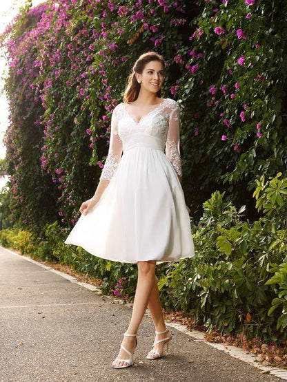 NumberSea - A - Line/Princess V - neck 3/4 Sleeves Short Chiffon Wedding Dresses