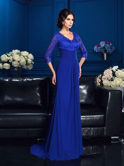 NumberSea - A - Line/Princess V - neck Applique 3/4 Sleeves Long Chiffon Mother of the Bride Dresses