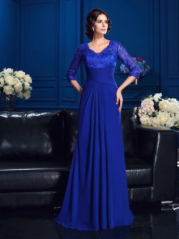 NumberSea - A - Line/Princess V - neck Applique 3/4 Sleeves Long Chiffon Mother of the Bride Dresses