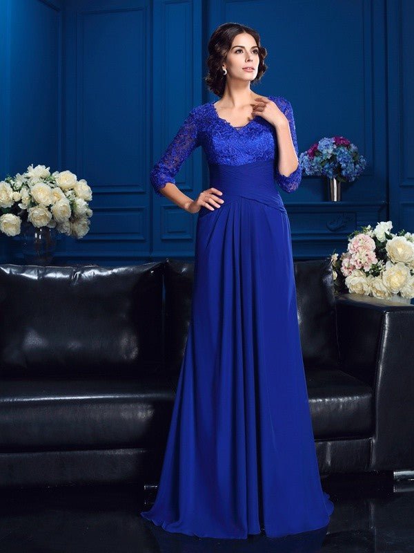 NumberSea - A - Line/Princess V - neck Applique 3/4 Sleeves Long Chiffon Mother of the Bride Dresses