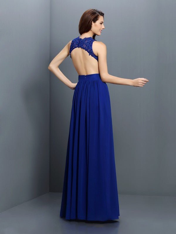 NumberSea - A - Line/Princess V - neck Applique Sleeveless Long Chiffon Bridesmaid Dresses