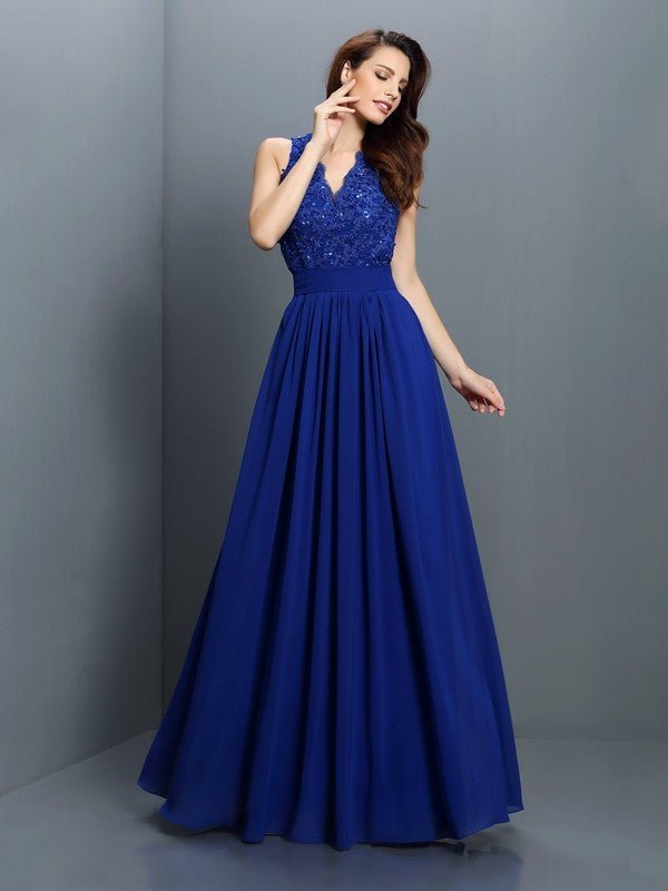 NumberSea - A - Line/Princess V - neck Applique Sleeveless Long Chiffon Bridesmaid Dresses