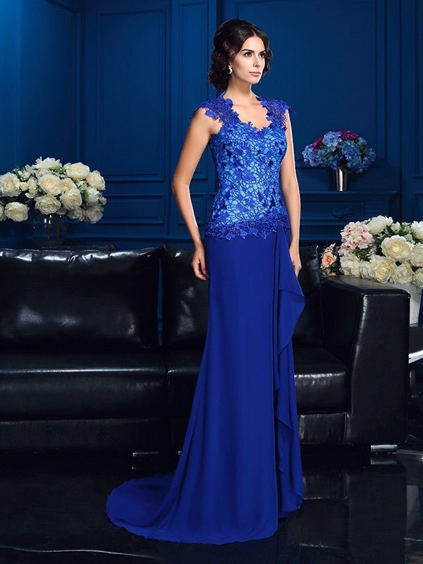 NumberSea - A - Line/Princess V - neck Applique Sleeveless Long Chiffon Mother of the Bride Dresses