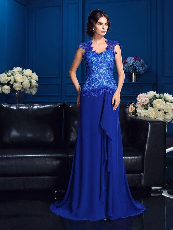 NumberSea - A - Line/Princess V - neck Applique Sleeveless Long Chiffon Mother of the Bride Dresses