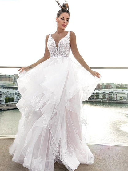 NumberSea - A - Line/Princess V - neck Applique Sleeveless Tulle Sweep/Brush Train Wedding Dresses