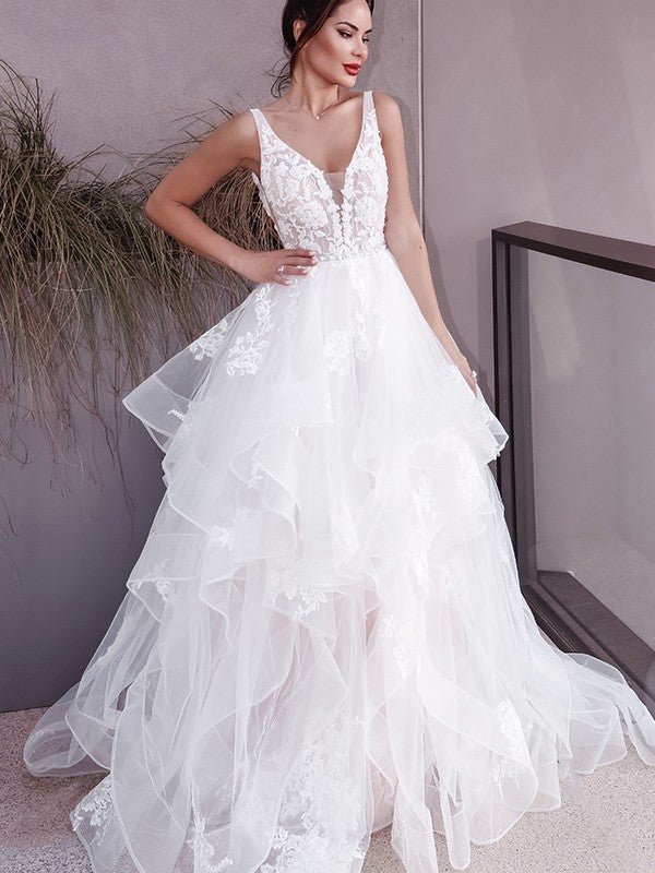 NumberSea - A - Line/Princess V - neck Applique Sleeveless Tulle Sweep/Brush Train Wedding Dresses