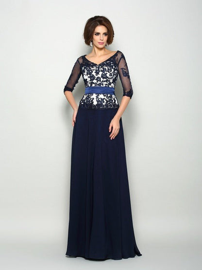 NumberSea - A - Line/Princess V - neck Beading 1/2 Sleeves Long Chiffon Mother of the Bride Dresses