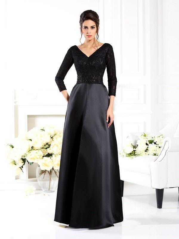 NumberSea - A - Line/Princess V - neck Beading 3/4 Sleeves Long Satin Mother of the Bride Dresses