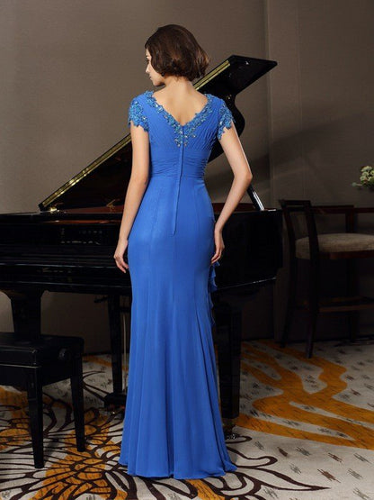 NumberSea - A - Line/Princess V - neck Beading Applique Short Sleeves Long Chiffon Mother of the Bride Dresses