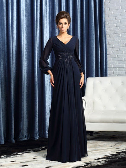 NumberSea - A - Line/Princess V - neck Beading Long Sleeves Long Chiffon Mother of the Bride Dresses