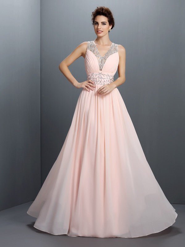 NumberSea - A - Line/Princess V - neck Beading Sleeveless Long Chiffon Dresses