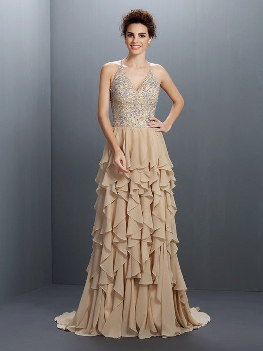 NumberSea - A - Line/Princess V - neck Beading Sleeveless Long Chiffon Dresses