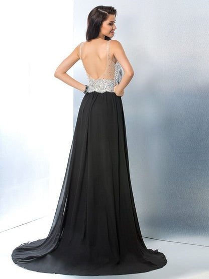 NumberSea - A - Line/Princess V - neck Beading Sleeveless Long Chiffon Dresses