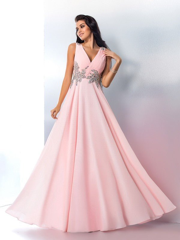 NumberSea - A - Line/Princess V - neck Beading Sleeveless Long Chiffon Dresses