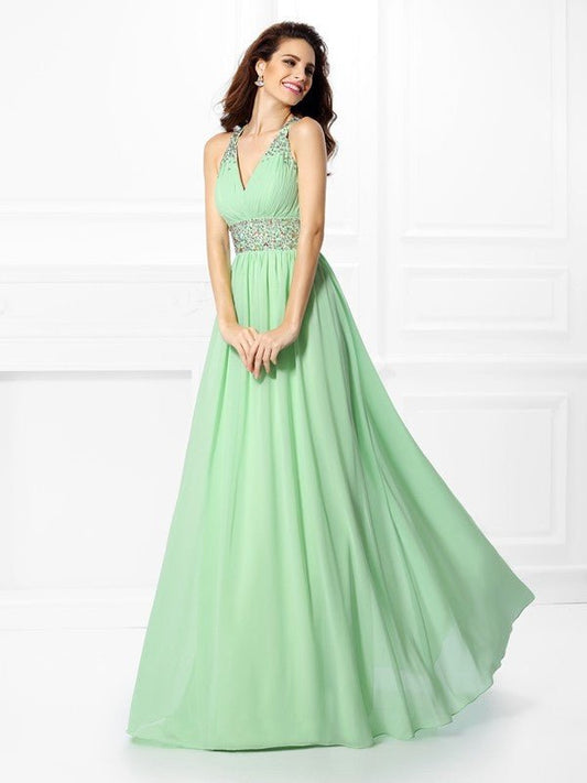 NumberSea - A - Line/Princess V - neck Beading Sleeveless Long Chiffon Dresses