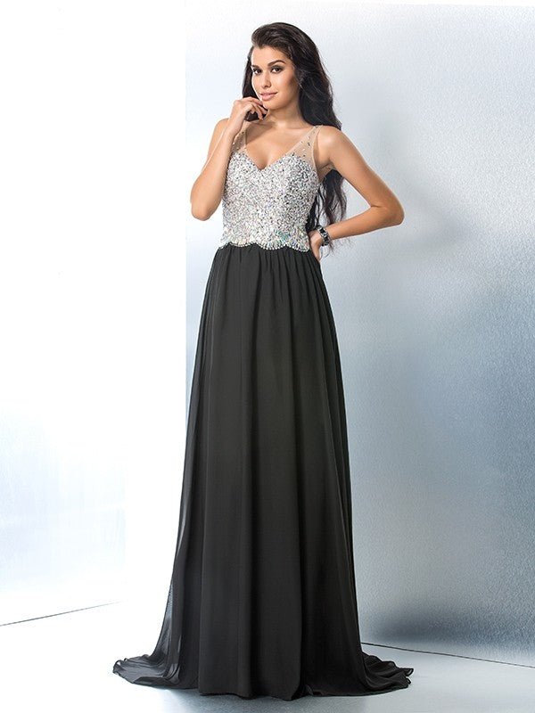 NumberSea - A - Line/Princess V - neck Beading Sleeveless Long Chiffon Dresses