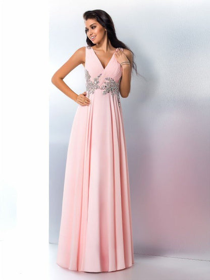 NumberSea - A - Line/Princess V - neck Beading Sleeveless Long Chiffon Dresses