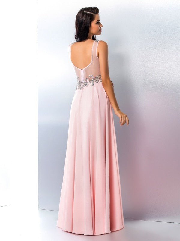 NumberSea - A - Line/Princess V - neck Beading Sleeveless Long Chiffon Dresses