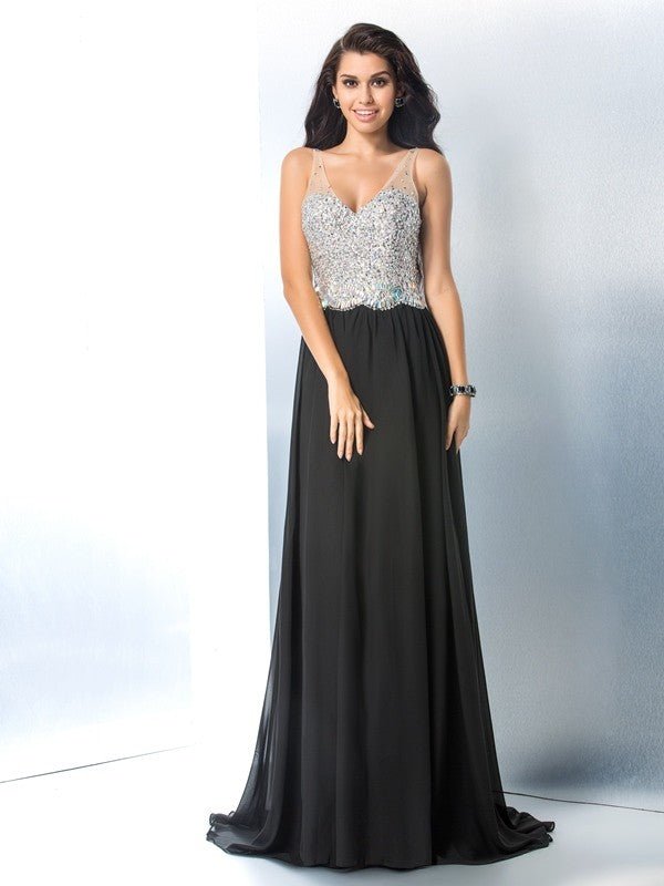 NumberSea - A - Line/Princess V - neck Beading Sleeveless Long Chiffon Dresses