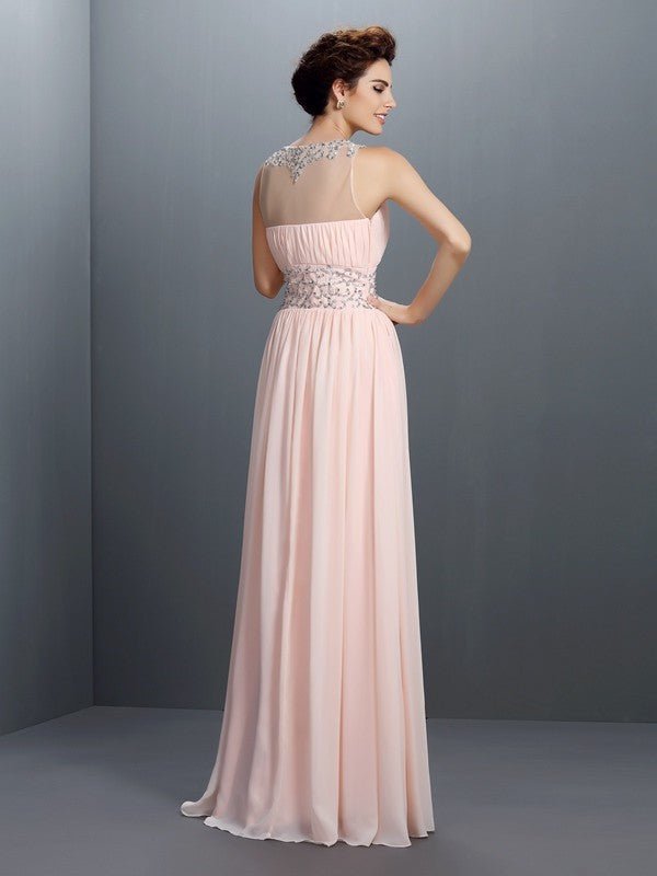 NumberSea - A - Line/Princess V - neck Beading Sleeveless Long Chiffon Dresses