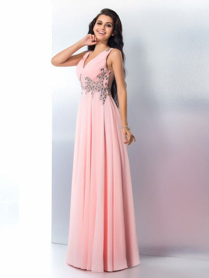 NumberSea - A - Line/Princess V - neck Beading Sleeveless Long Chiffon Dresses