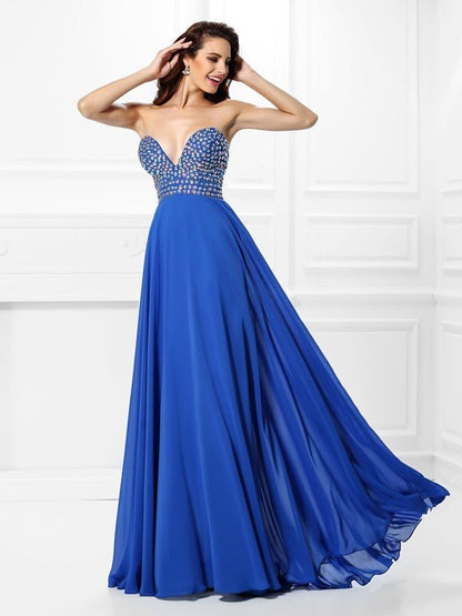 NumberSea - A - Line/Princess V - neck Beading Sleeveless Long Chiffon Dresses